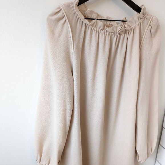 GOAT Jane Tan Wool Ruffle Neck Puff Balloon Sleeve Shift Dress - Picture 2 of 9